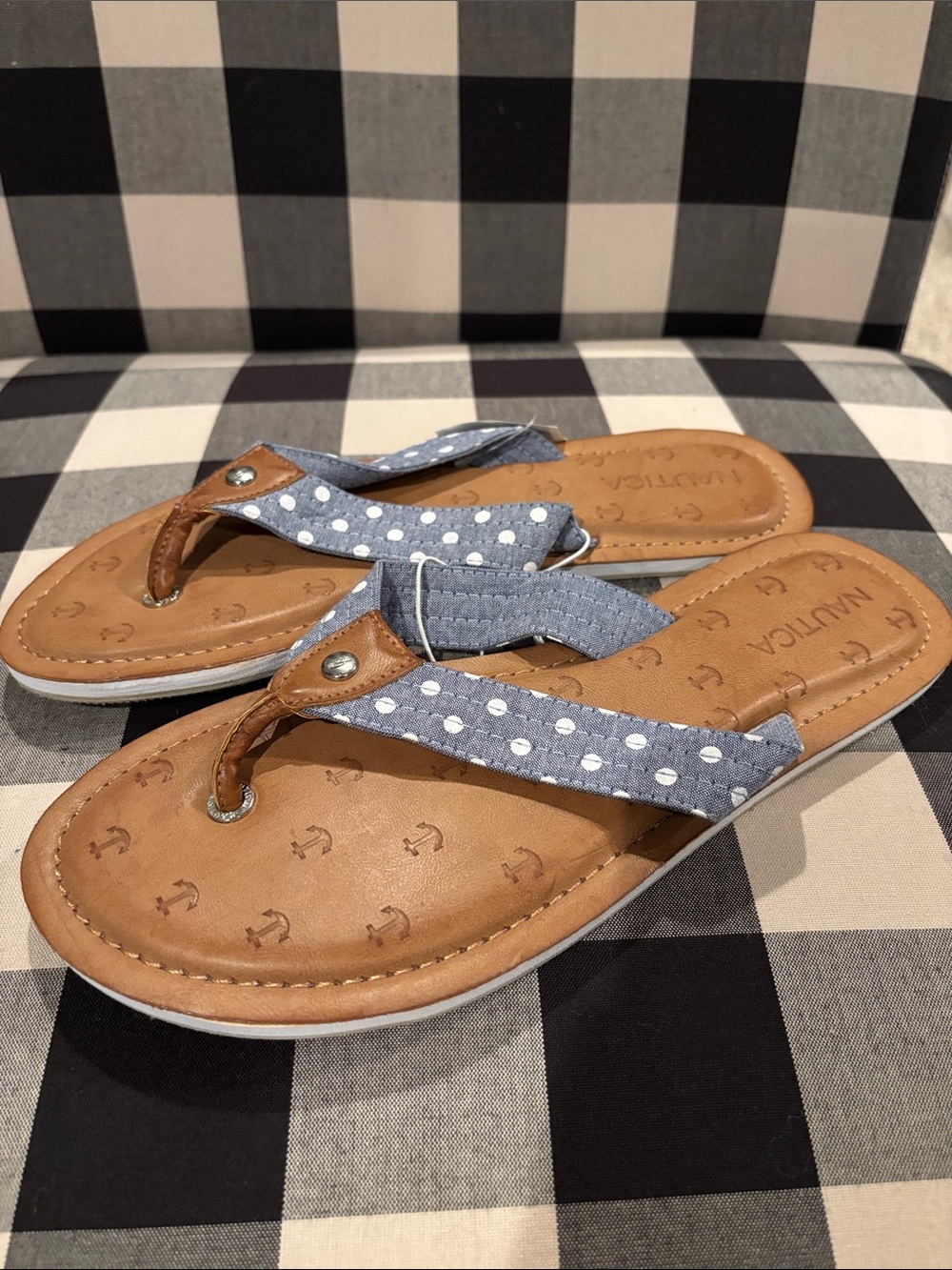 Nautica Blue & White Polka Dot Chambray Thong Sandals